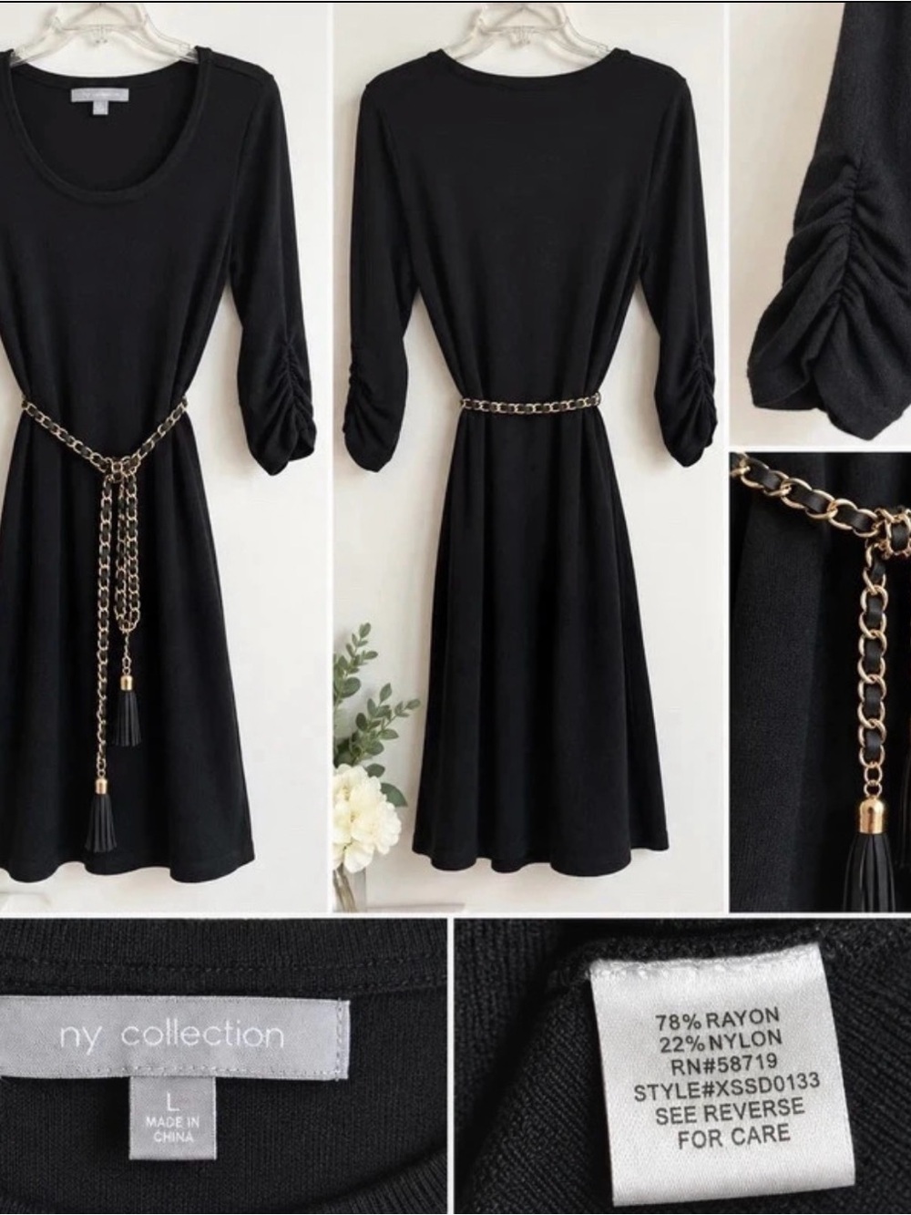 NY Collection Black Midi Dress with Gold Chain Belt